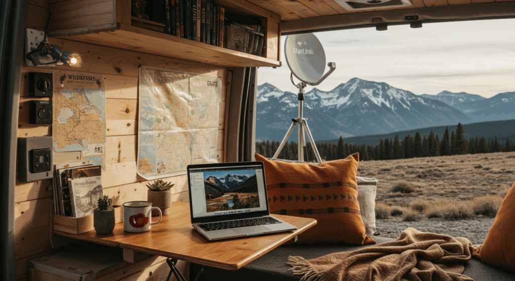 Van interior with Starlink and laptop, showcasing digital nomad 2025 lifestyle.