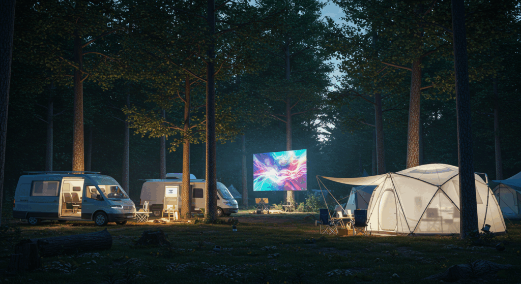 Futuristic coworking campsite for digital nomads, hinting at 2025’s lifestyle trends