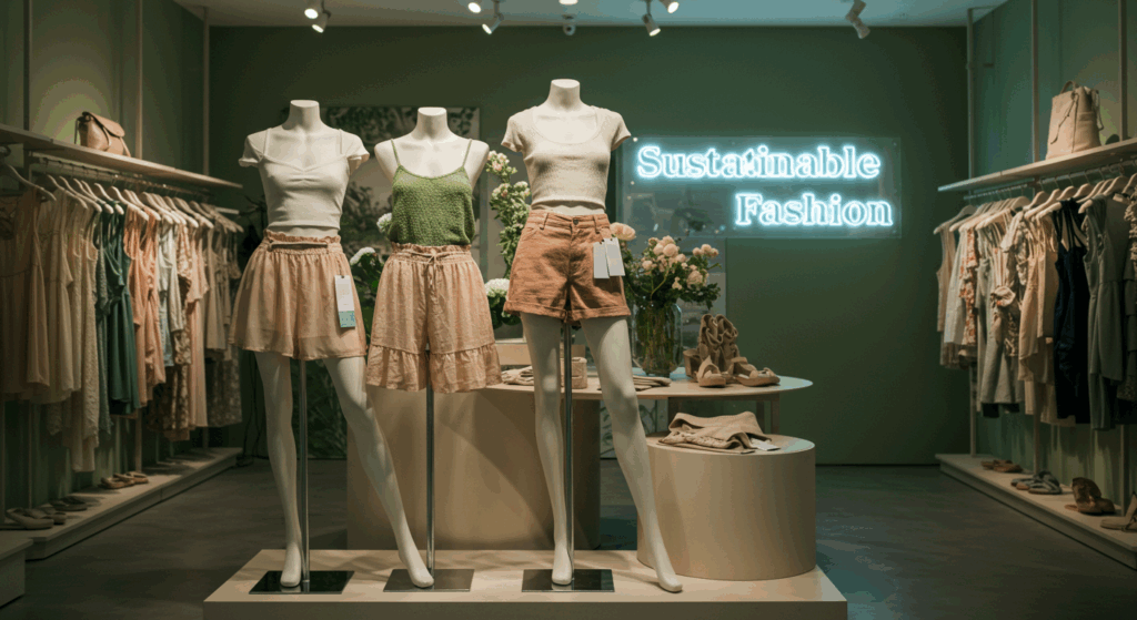 Sustainable sheer skirts and micro shorts in a boutique, reflecting 2025’s eco-fashion trends.  

