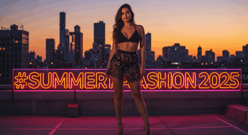 Model in sheer skirt and micro shorts on a rooftop, embodying 2025’s fearless fashion.

