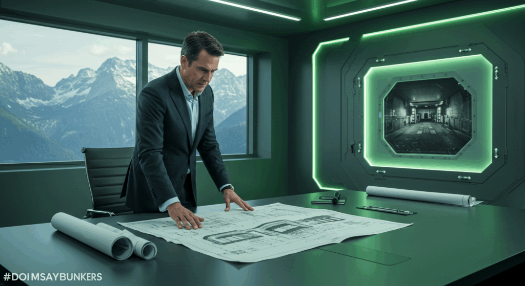 Elite buyer reviewing bunker plans, representing doomsday bunkers’ clientele.
