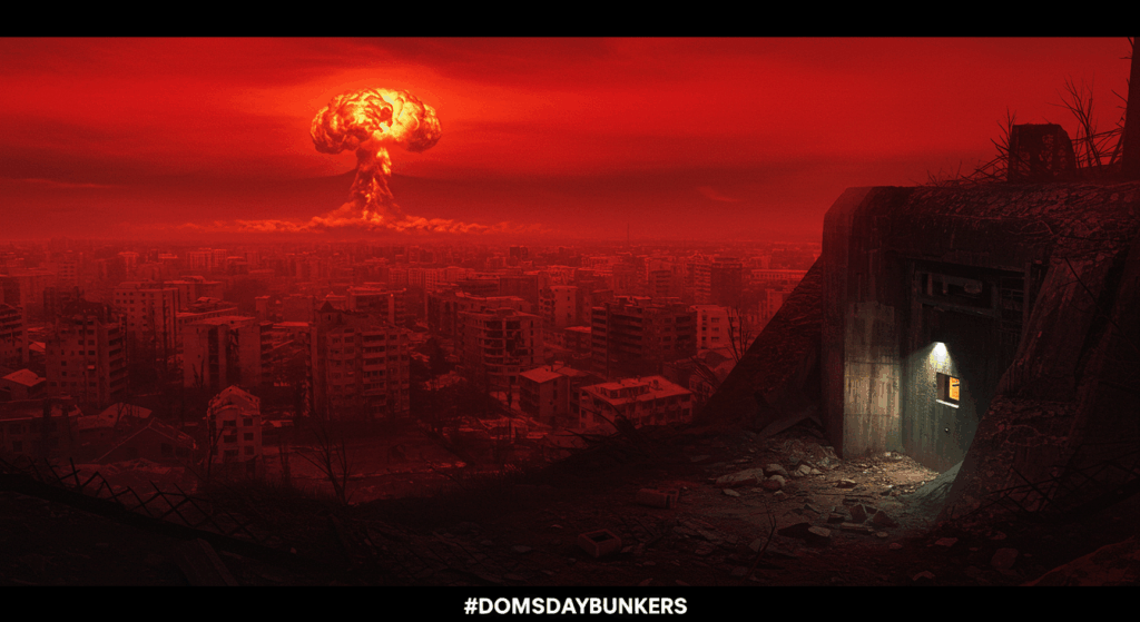 Nuclear dystopia vs. Swiss bunker, tied to doomsday bunkers’ purpose.
