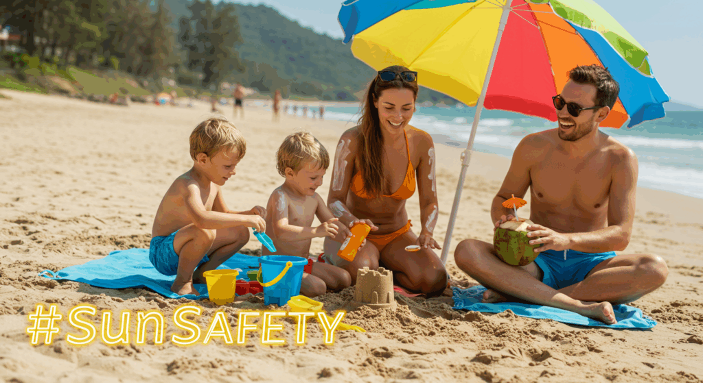 Family applying sunscreen at the beach, symbolizing sun and heat protection.
