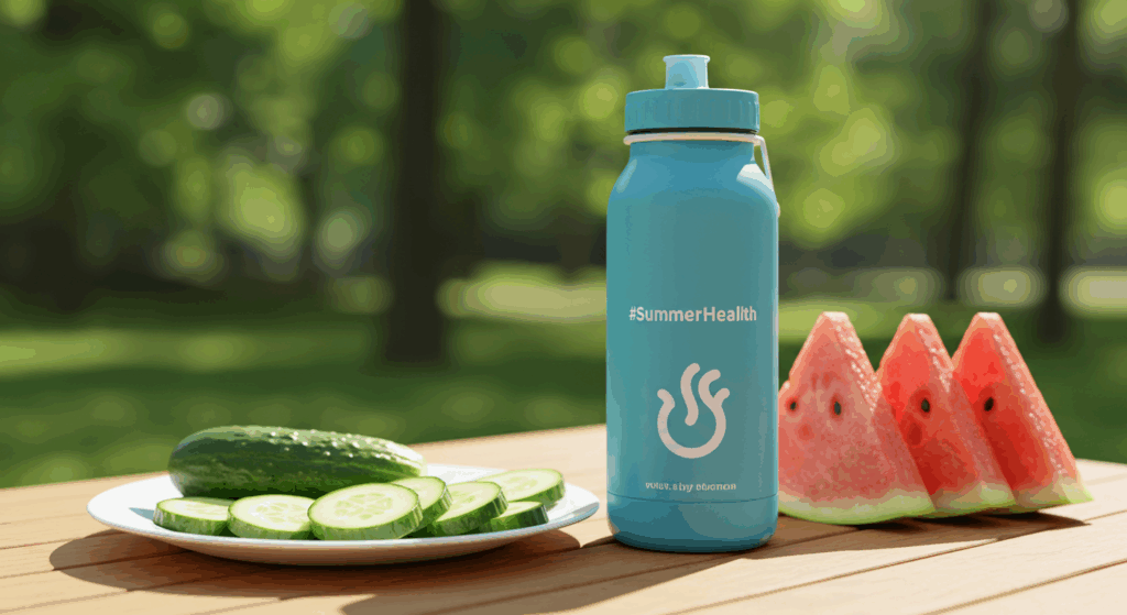Water bottle and watermelon at a picnic, promoting summer hydration tips.