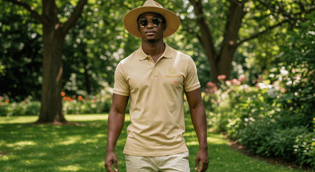 Person in UPF clothing and hat, showcasing stylish sun protection.