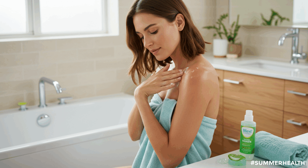 Aloe vera on sunburned skin, illustrating summer burn recovery.