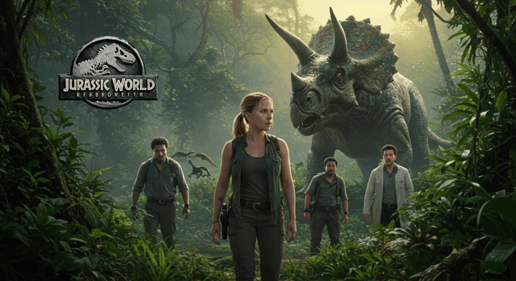 Scarlett Johansson in Jurassic World: Rebirth, facing dinosaurs with intensity.