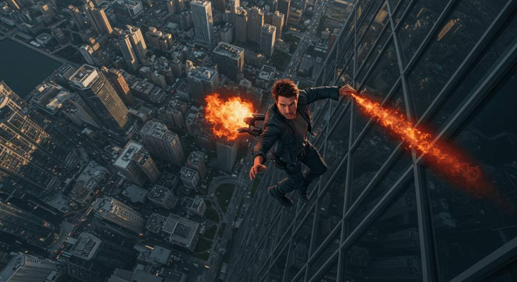 Tom Cruise in a daring stunt in Mission: Impossible 8, pulsing with action.