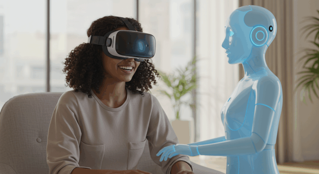 Woman in a VR setup with an AI companion, envisioning the future of the AI companions trend in 2025.