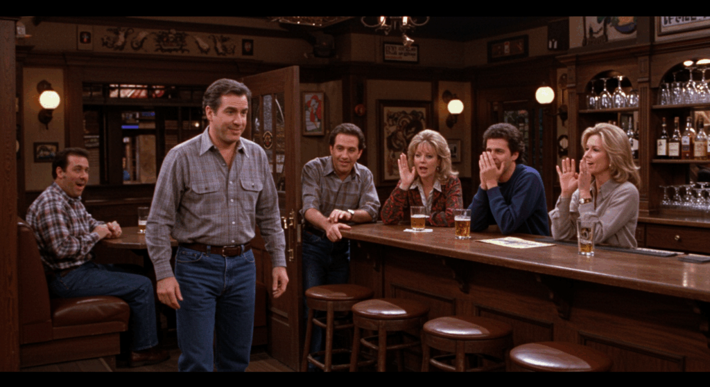 Norm Peterson enters the Cheers bar, greeted by the cast. George Wendt Cheers shines in this iconic scene.