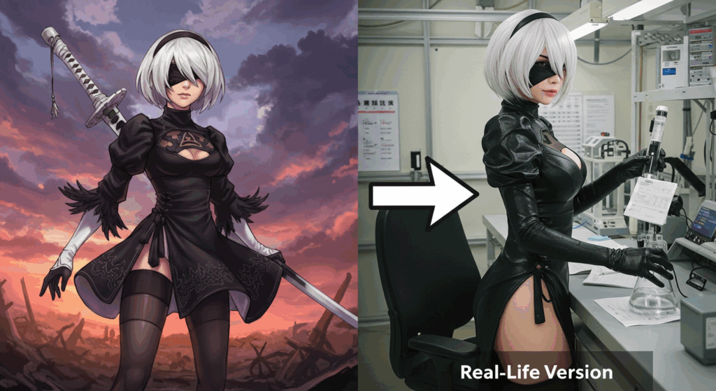 Photorealistic woman inspired by 2B in a black outfit, with long legs, in an Osaka lab for sexy video game characters in real life.