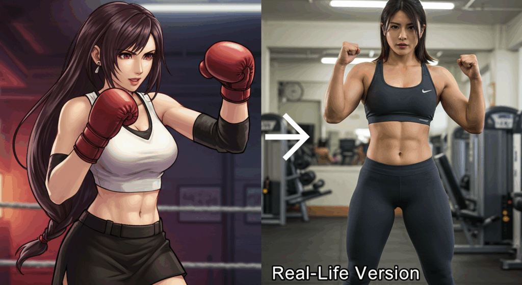 Stylized Tifa Lockhart punches in Midgar → Photorealistic gym owner in sports bra for sexy video game characters in real life.