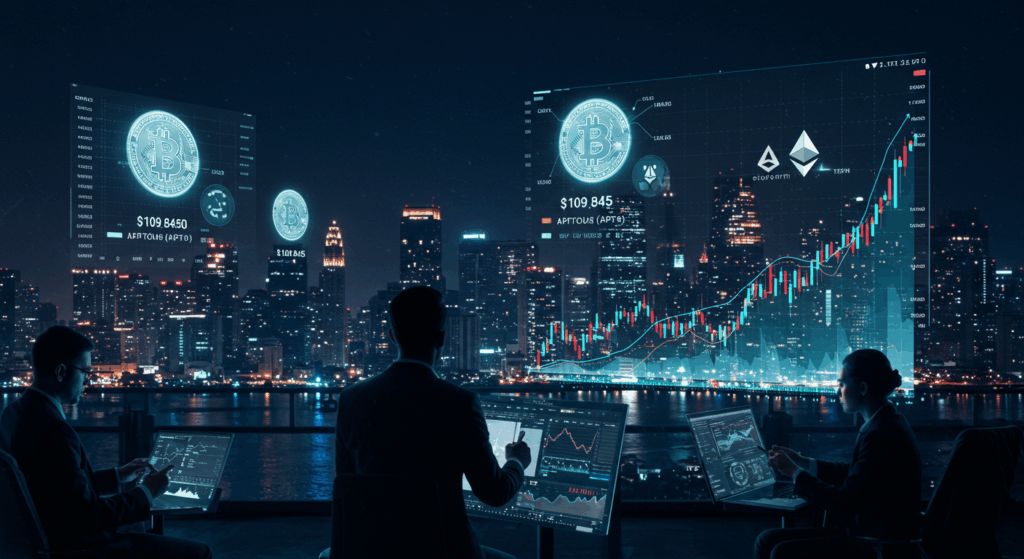 Photorealistic futuristic city with Bitcoin price chart at $109,845 and traders analyzing data for Bitcoin price and BTC ATH.