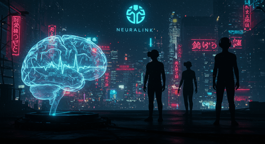 Photorealistic futuristic city with Neuralink brain model and Black Mirror logo for Neuralink