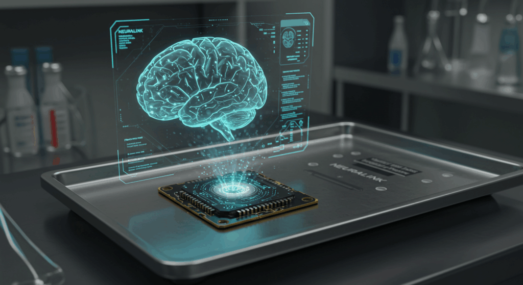Photorealistic Neuralink chip on surgical tray with brain scan for Neuralink
