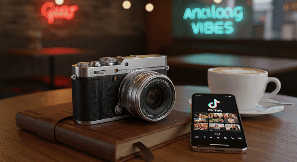 Photorealistic Fujifilm X Half camera on journal in cafe with TikTok for analog vibes and 2025 technology trends.