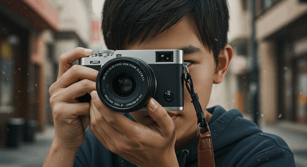 Photorealistic creator with Fujifilm X Half shooting vertical portrait for vertical shooting and film simulation.

