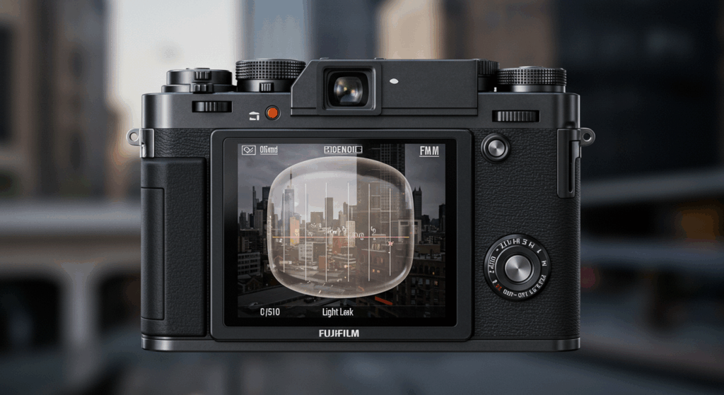 Photorealistic Fujifilm X Half rear with Light Leak filter for analog vibes and half-frame camera.

