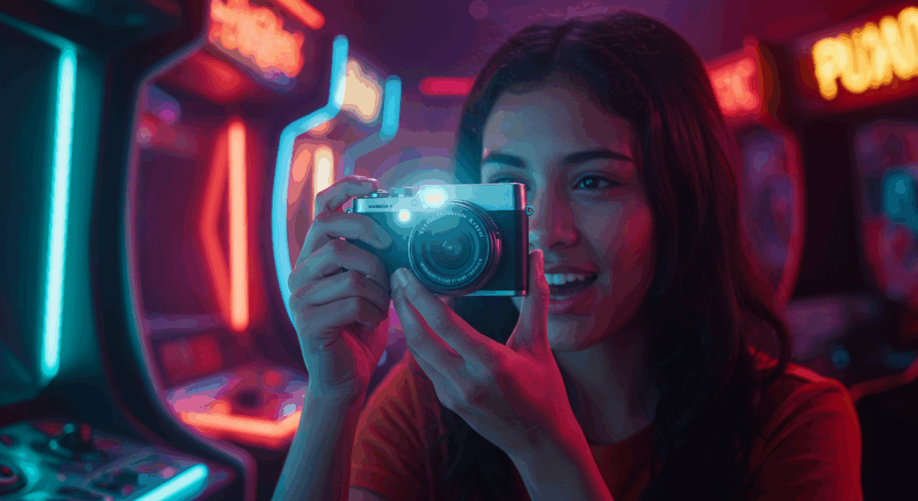 Photorealistic Gen Z creator filming TikTok with Fujifilm X Half for vertical shooting and 2025 technology trends.

