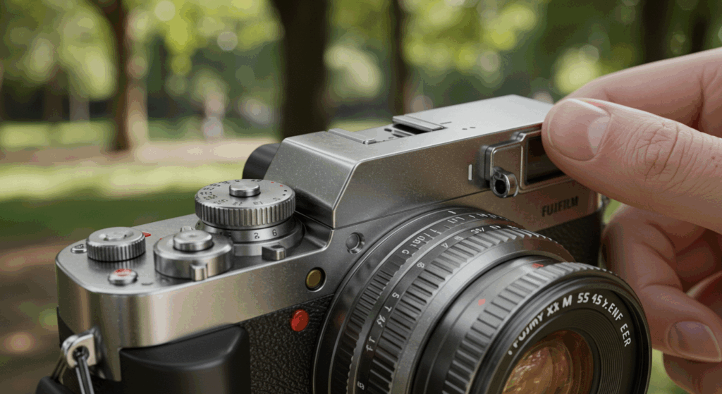 Create a hyper-realistic, photorealistic illustration of the Fujifilm X Half’s frame advance lever being wound in a close-up, with a blurred park background. Ensure lifelike metal textures, natural lighting, and no cartoon elements.

