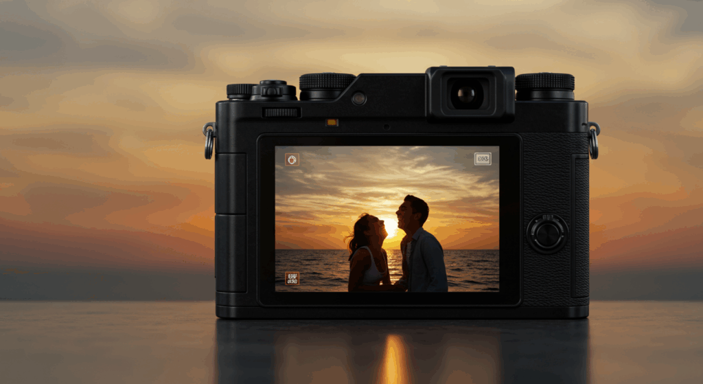 Photorealistic Fujifilm X Half showing diptych on LCD for film simulation and vertical shooting.


