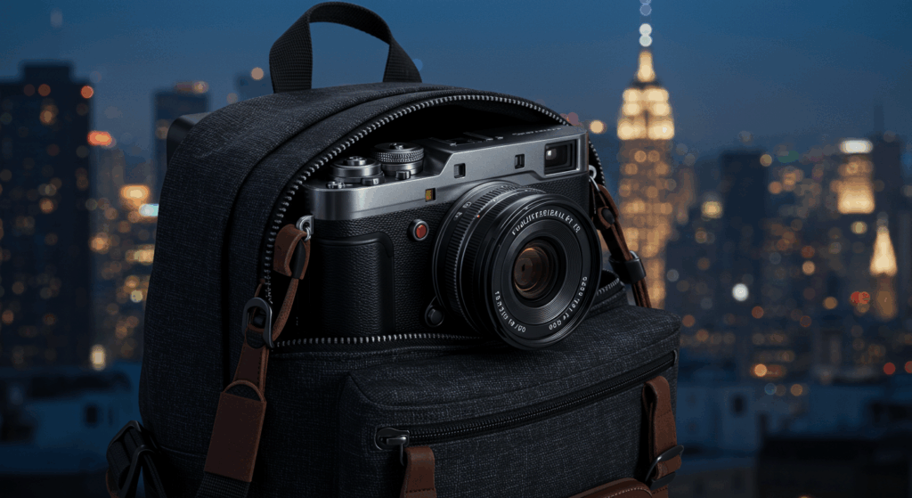 Photorealistic Fujifilm X Half in backpack with city skyline for analog vibes and 2025 technology trends.

