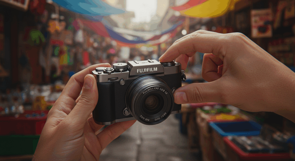 Photorealistic creator adjusting Fujifilm X Half aperture in market for half-frame camera and film simulation.

