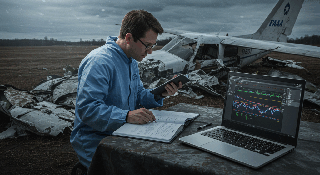 Photorealistic FAA investigator with Cessna 550 debris for San Diego plane crash and aviation safety.