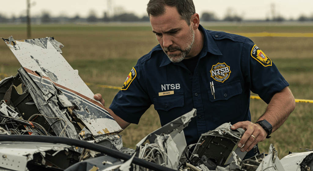 Photorealistic NTSB investigator with Cessna 550 debris for San Diego plane crash and aviation safety.