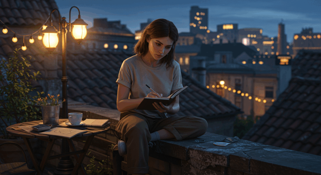 woman sketching on city rooftop for global habits and lifestyle changes. Placement: Article introduction, capturing the theme of evolving habits.