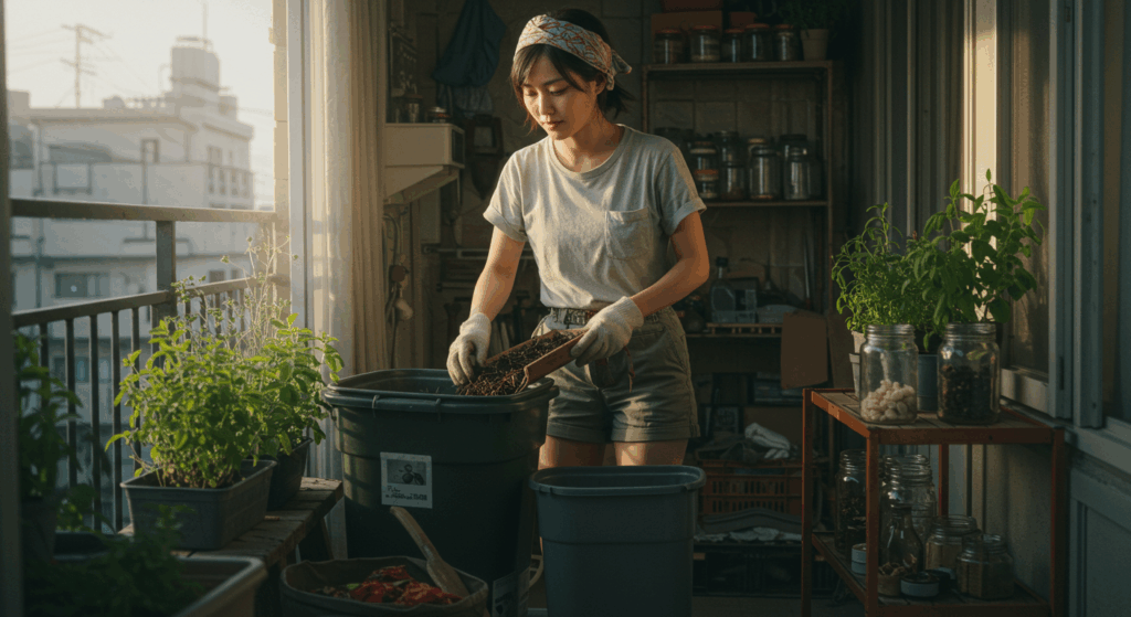  woman composting on Osaka balcony for sustainable living and lifestyle changes.
Placement: “Sustainable Living” section, highlighting eco-conscious habits.


