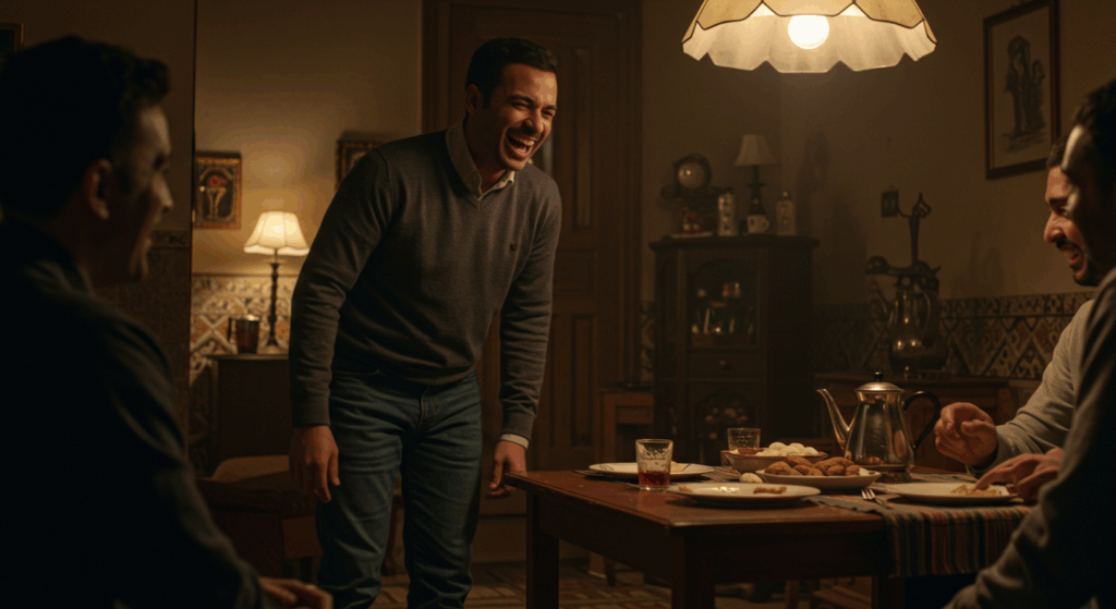 man dining with friends in Cairo apartment for post-pandemic socializing and modern habits.

