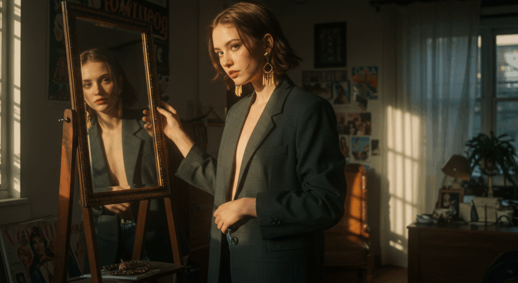 woman styling outfit in Melbourne loft for self-expression and cultural shifts.
Placement: “Self-Expression” section, showcasing personalized style.

