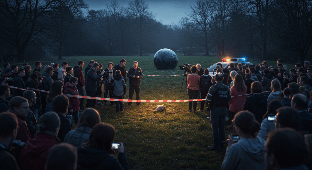 crowd in Buga near sphere site for UFO sphere Colombia and ufo debate.