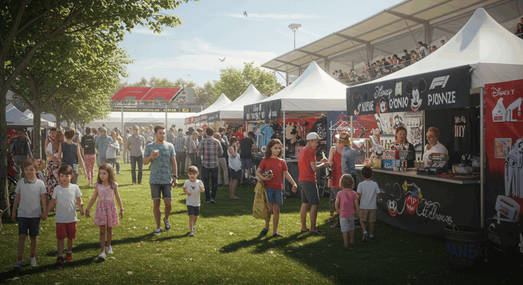 F1 fan zone with Mickey merchandise for Disney Formula 1 and f1 disney.