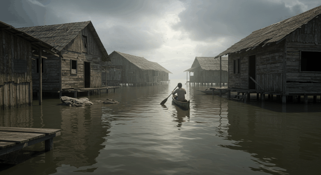 flooded Kiribati village for Kiribati climate crisis.

