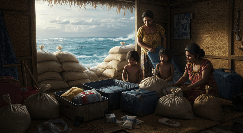 Kiribati family packing for Pacific islands sinking.

