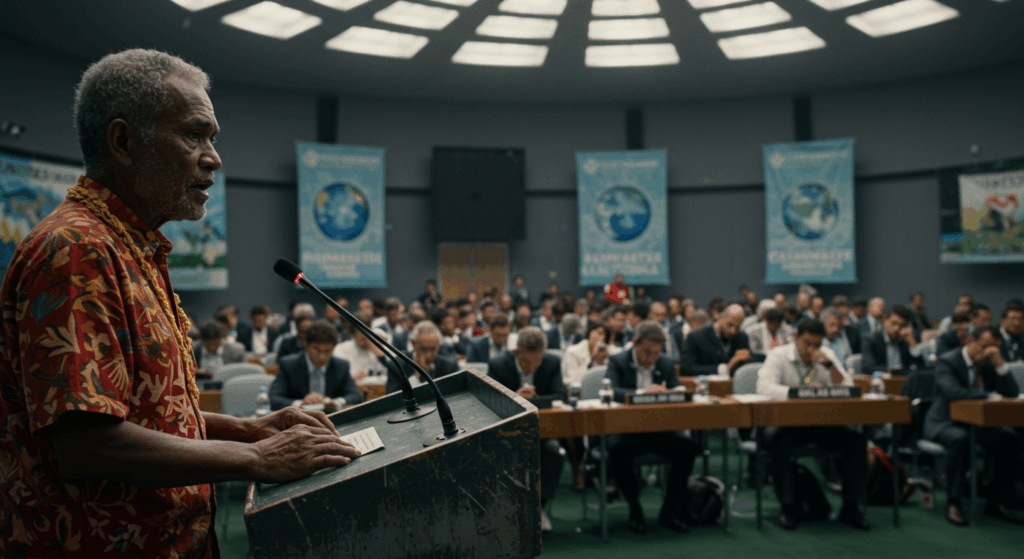 Kiribati elder at conference for climate crisis.

