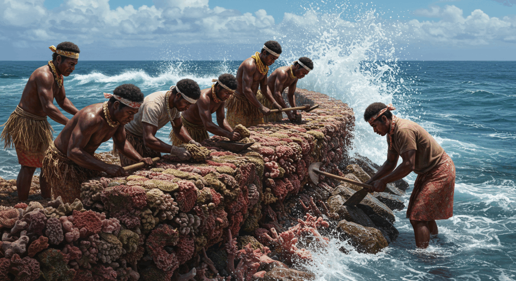 Kiribati seawall construction for Pacific islands sinking.

