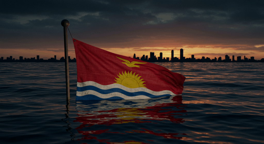 Kiribati flag in water for Kiribati sinking island.

