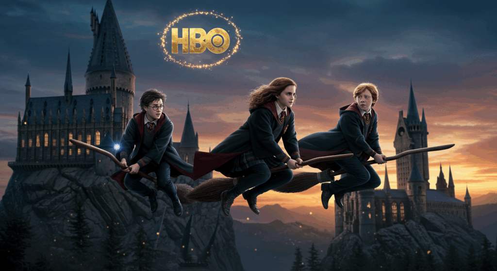Harry, Ron, Hermione flying over Hogwarts with glowing HBO logo for Harry Potter HBO cast.