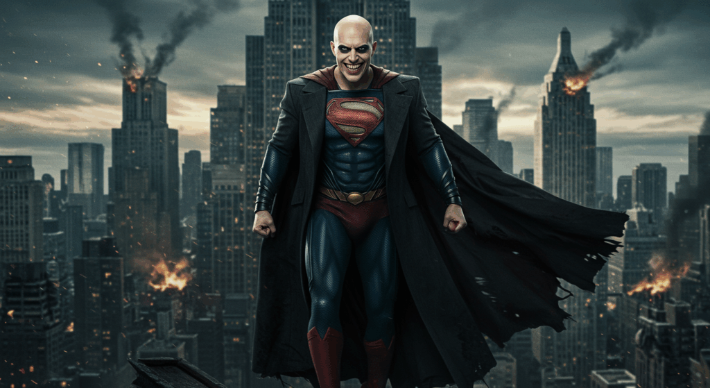 1930s sci-fi comic cover featuring a bald, villainous Superman with glowing red eyes, standing over a chaotic city, highlighting the dark Superman origins