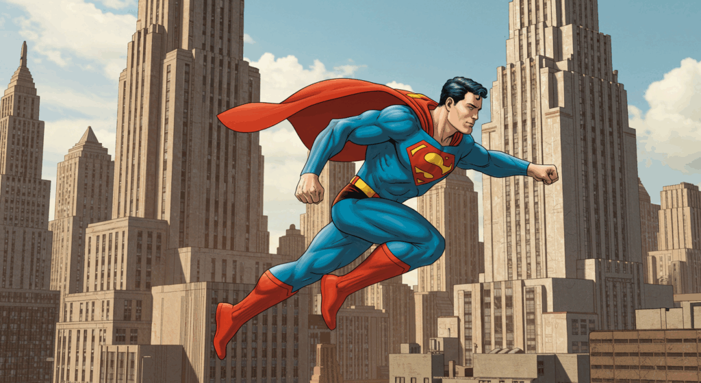 1938 comic panel of Superman leaping over Metropolis in his iconic blue-and-red costume, showcasing the heroic shift in Superman origins