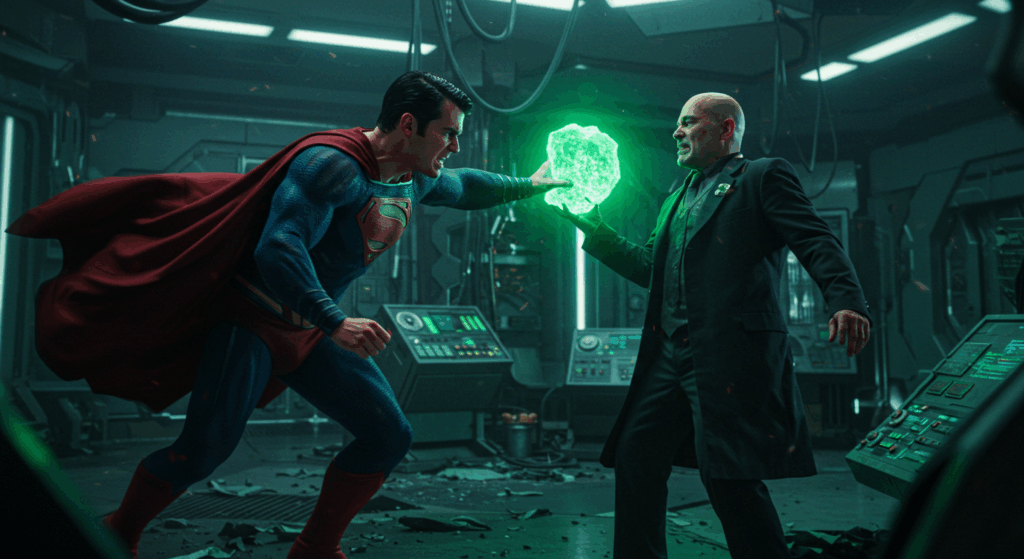 Superman facing Lex Luthor in a high-tech Metropolis lab with glowing Kryptonite, emphasizing the enduring rivalry in Superman origins