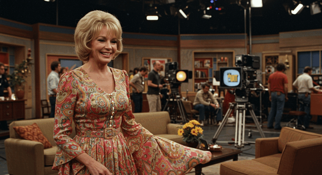 Loretta Swit in a retro dress in a TV studio, reflecting her vibrant career beyond MASH* with timeless charm.