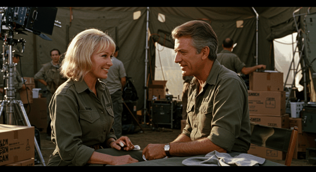 Loretta Swit and Alan Alda on MASH* set, reflecting their bond with nostalgic charm.