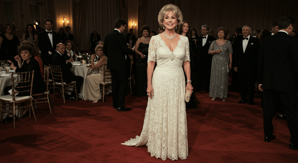 Loretta Swit at the Emmys, in a formal gown, honoring her MASH* legacy with elegance