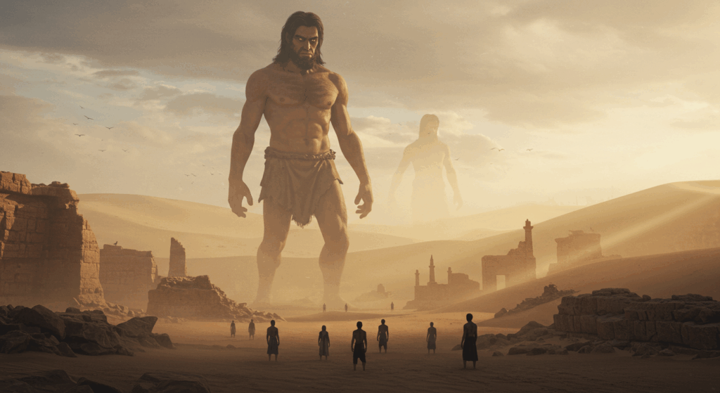 Towering Nephilim giant in a desert, with small humans in awe, showcasing unbelievable creatures with mythical, awe-inspiring presence