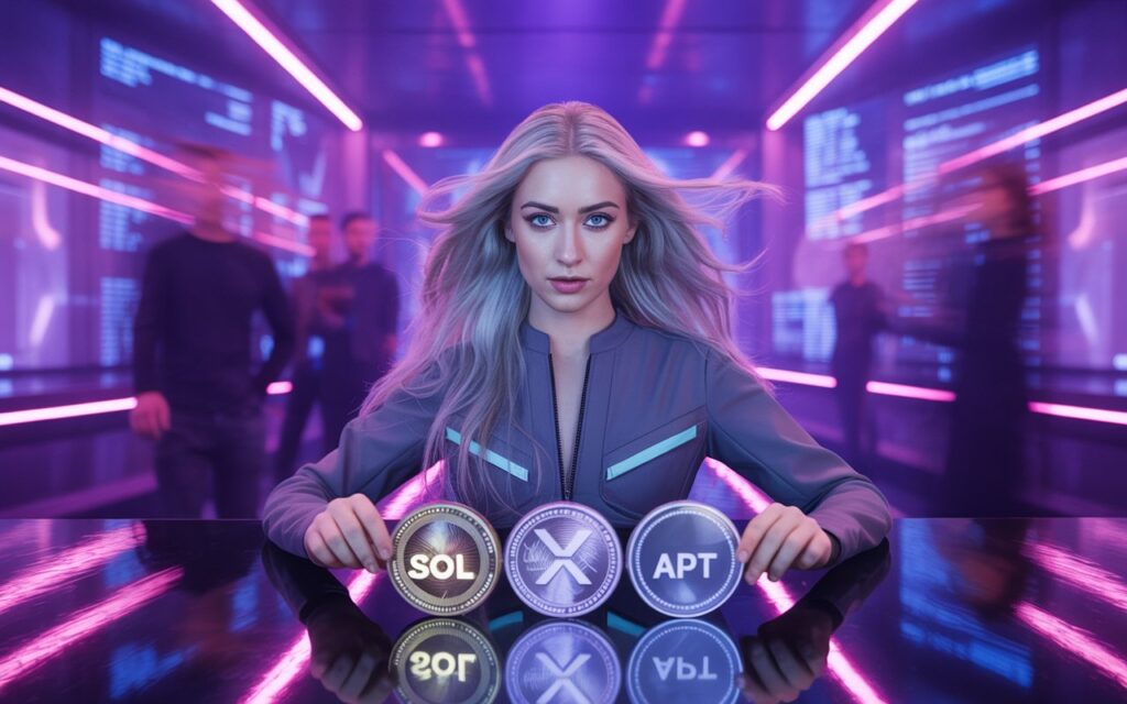Woman with SOL, XRP, APT holograms for ETF coins.