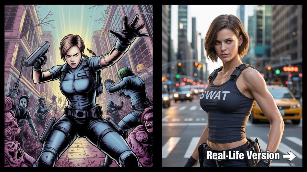 Stylized Jill Valentine fights zombies → Photorealistic SWAT officer in tank top for sexy video game characters in real life.